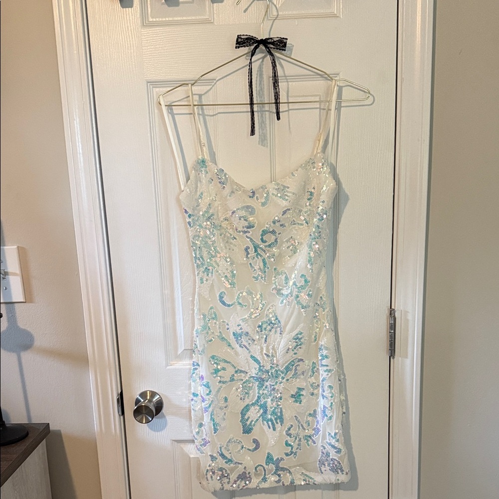 B Darlin White Dress with Blue iridescent Sequins